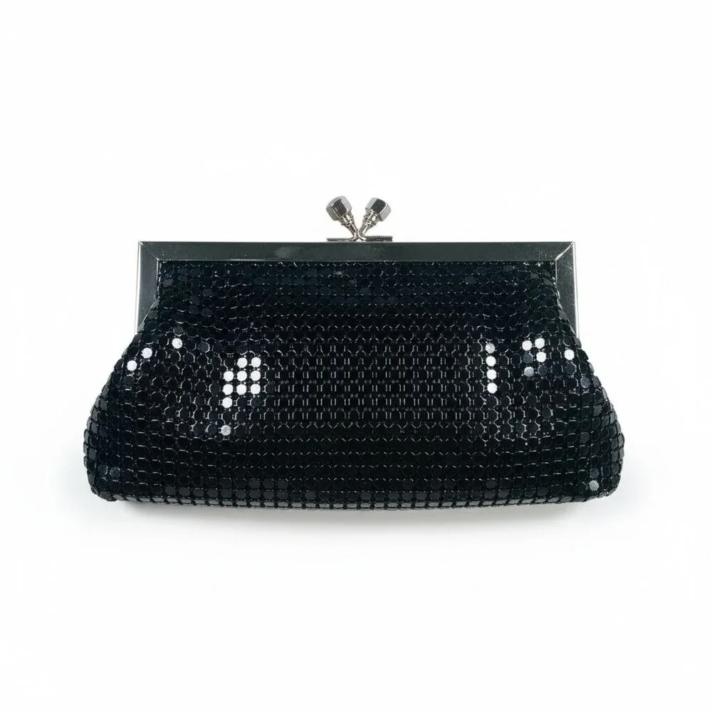 1990s Black Sequin Mesh Clutch Purse With Silver Chain Strap & Kiss Lock Closure